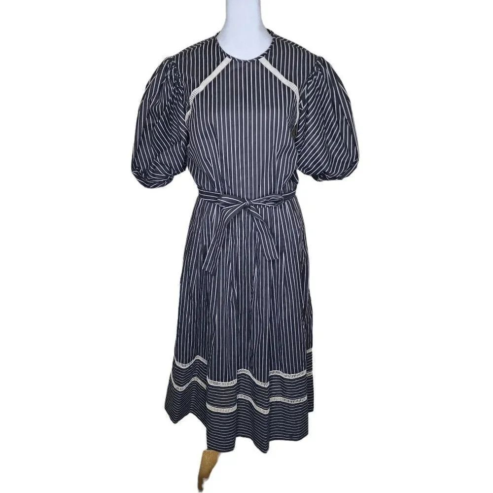 Vintage 70s Victor Costa Peasant Midi Dress Womens Size M Black Pinstripe Witchy
